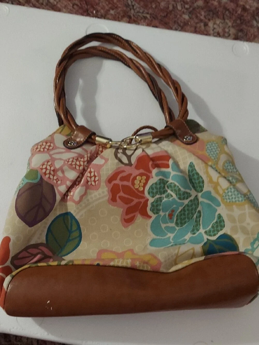 Relic Cream Floral Canvas Hobo with Brown Trim